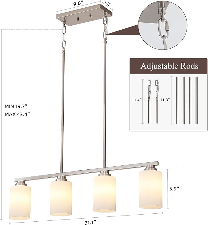 Island Light for Kitchen, Brushed Nickel Dining Room Light Fixture Over Table with Milk Glass Shade, 4-Light Linear Chandelier Pendant Lighting for Dining Table Kitchen Island Living Room