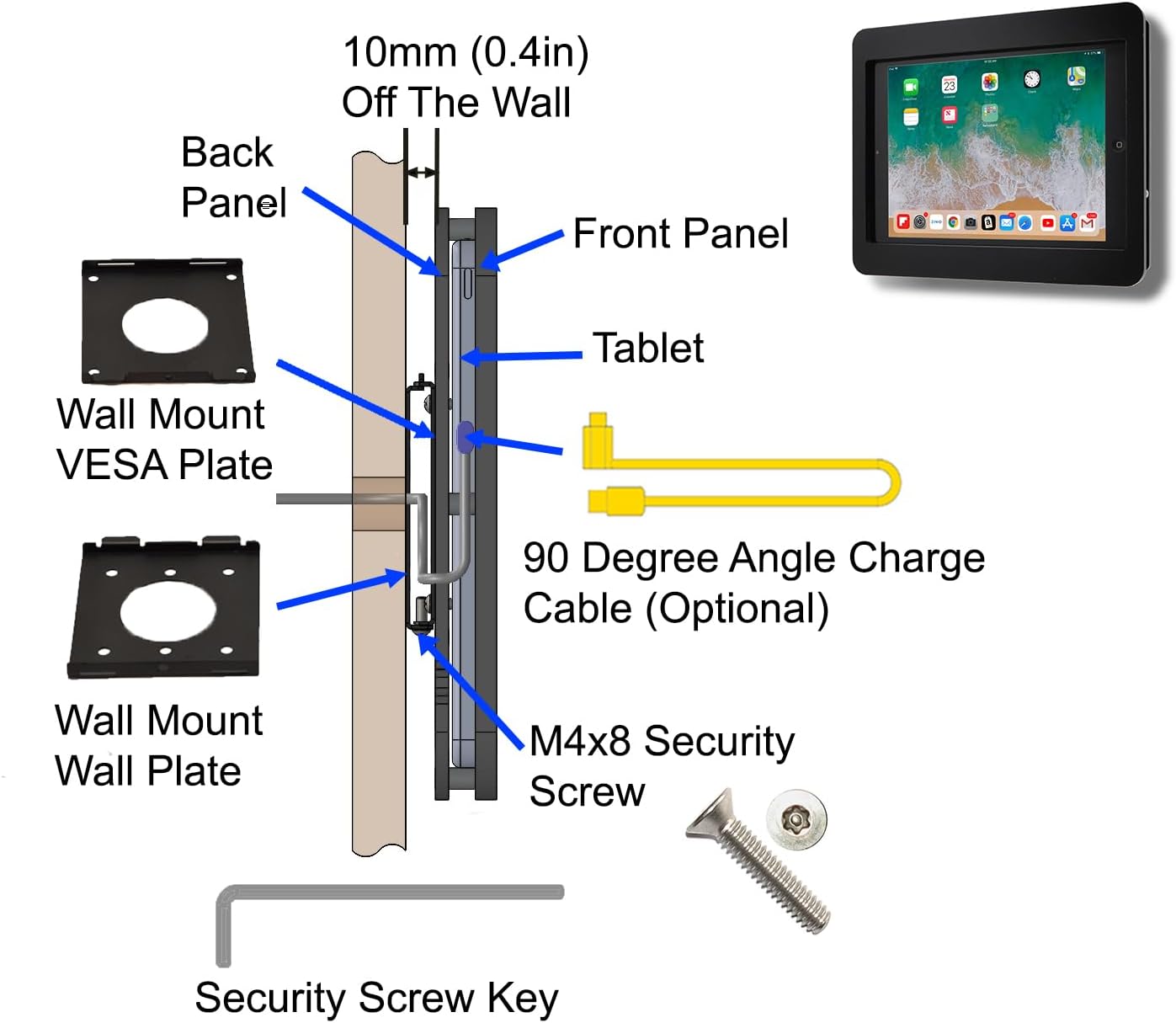 TABcare Anti-Theft Acrylic VESA Enclosure for Apple iPad 10 10.9" 2022, iPad 11" 2025 with Free Wall Mount Kit & 90-Degree Angle USB C Charge Cable (Clear)