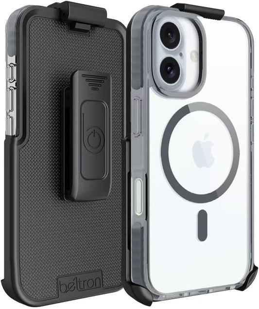 BELTRON Belt Case for iPhone 16, Slim Protective Transparent Case & Rotating Belt Clip Holster Combo (Compatible with MagSafe)