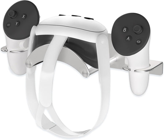 VR Wall Mount Aluminum Alloy,VR Headset Wall Mount Storage Stand Hook Compatible with Meta Quest 3/Quest Pro/Quest 2,Quest 3 Stand with 2 Storage Way,Desk Space Saving(Silver)