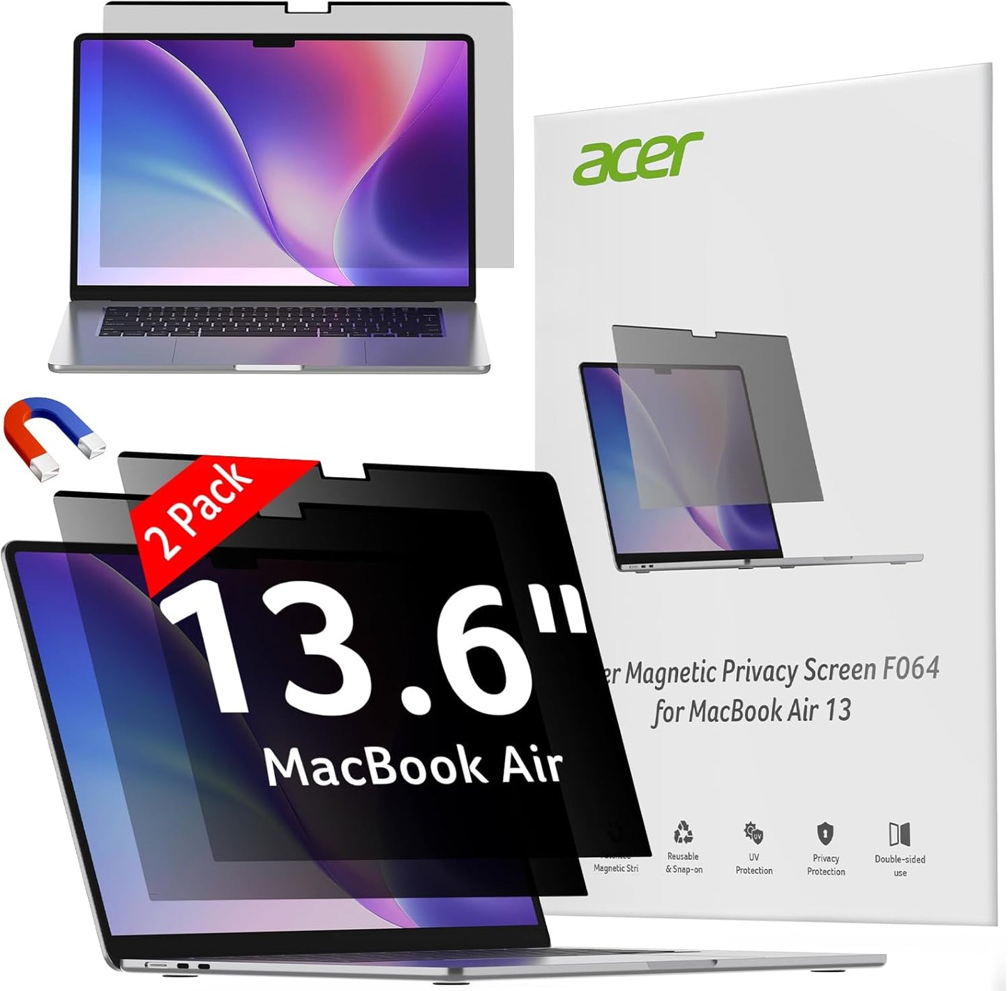 acer [2 Pack] Laptop Privacy Screen for MacBook Air 13 Inch (2022-2025 M1,M2,M3,M4), Eye Protection Anti Spy/Glare Blue Light Computer Monitor Privacy Filter, Dual-Sided Magnetic & Removable