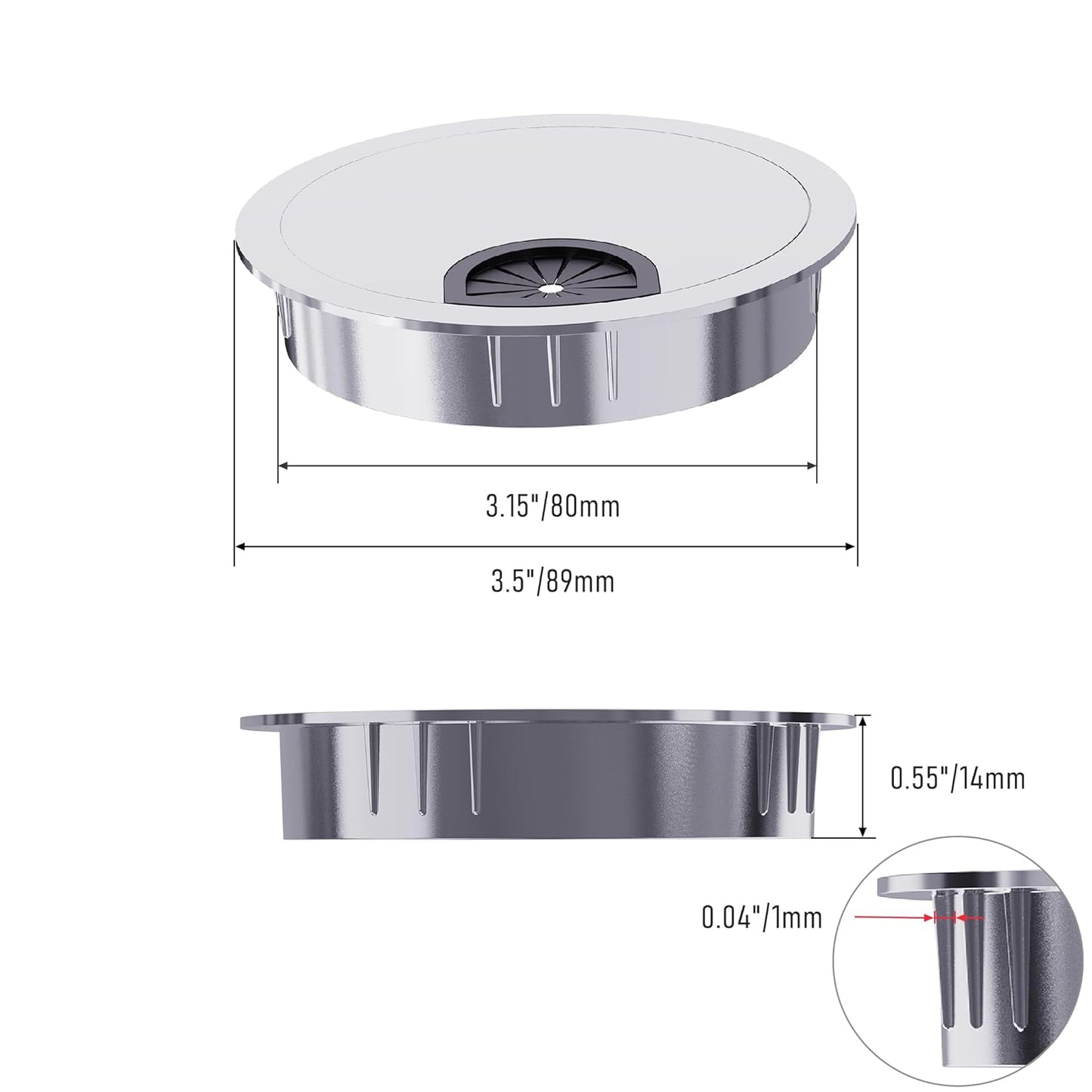 Desk Grommet 3-1/8 Inch 80mm, Zinc Alloy Computer Desk Wire Hole Cover, Office Desktop Cord Cable Hole Metal Ring, Silver Tone