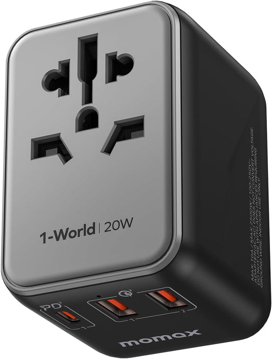 MOMAX Universal Travel Adapter, 20W+18W International Plug Adapter with 2 USB-A Quick Charging & 1 USB C PD Fast Charging,1 AC, All-in-one Wall Charger for USA EU UK AUS JP (Type C/A/G/I)