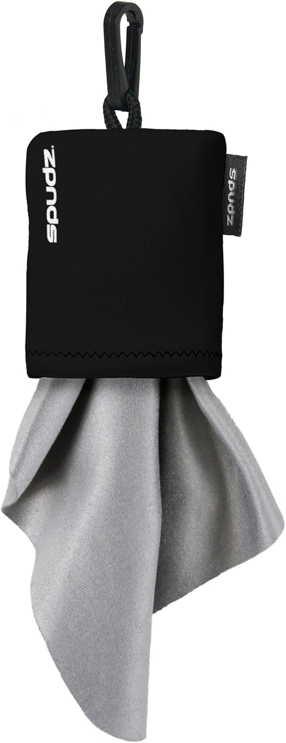 SPUDZ Classic Microfiber Lens Cleaner – Clip-On Pouch, Washable – for Binoculars, Scopes, Glasses, Screens | Black, 6 x 6 Inch (2-Pack)