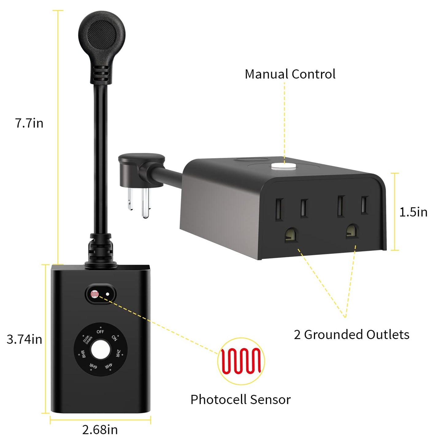 Minoston Outdoor Timer Outlet Waterproof 2 Pack, Dusk to Dawn Photocell Light Sensor Socket, 2/4/6/8 Hours Cutdown Timer, 2 Grounded Outlets for Christmas and Hallowen Deceration, Black(MP40T)