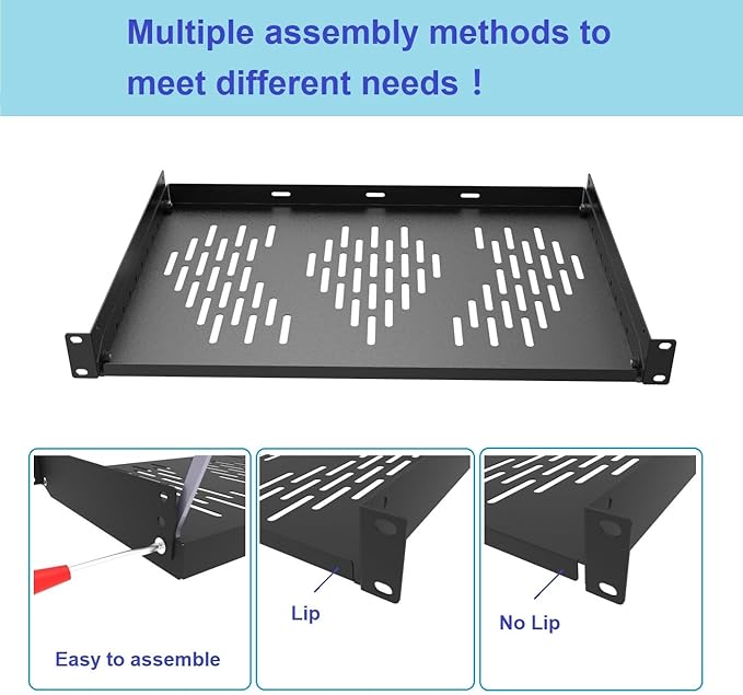 Beiyier 1U Server Rack Shelf, Suitable for 19" Network Equipment Racks and Cabinets, Ventilated Cantilever Tray, Depth of 12 inches, Well-Ventilated (1PCS, Black)