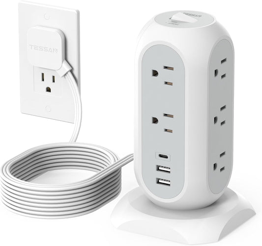 Surge Protector Power Strip Tower 10 Ft, TESSAN Flat Plug Extension Cord with 11 AC Multiple Outlets 3 USB Ports (1 USB C), 1050J Desk Charging Station for Home, Office Supplies, Dorm Room Essentials
