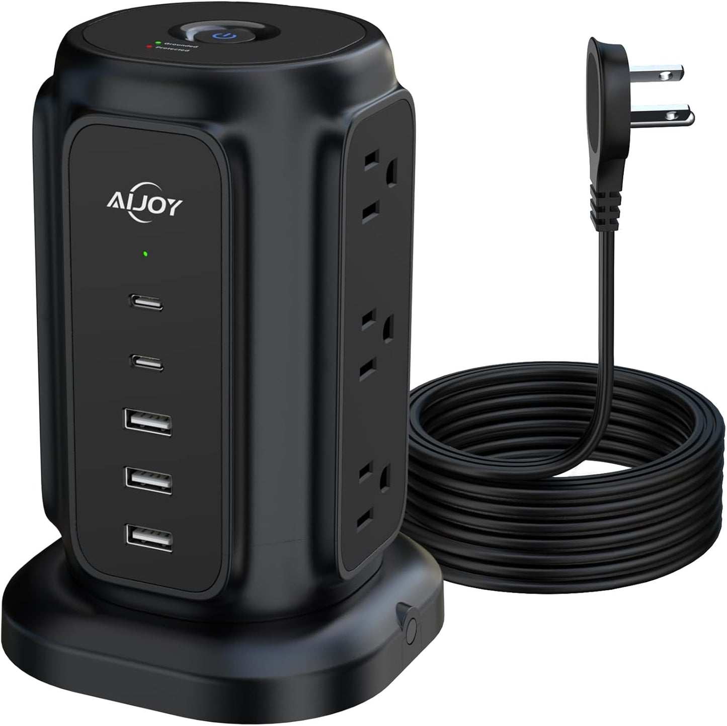 AiJoy Flat Plug Power Strip Tower with 9 Outlets and 5 USB Ports (2 USB-C), 1200J Surge Protection, 1625W Extension Cord with Multiple Outlets Charging Station for Home Dorm Office Supplies
