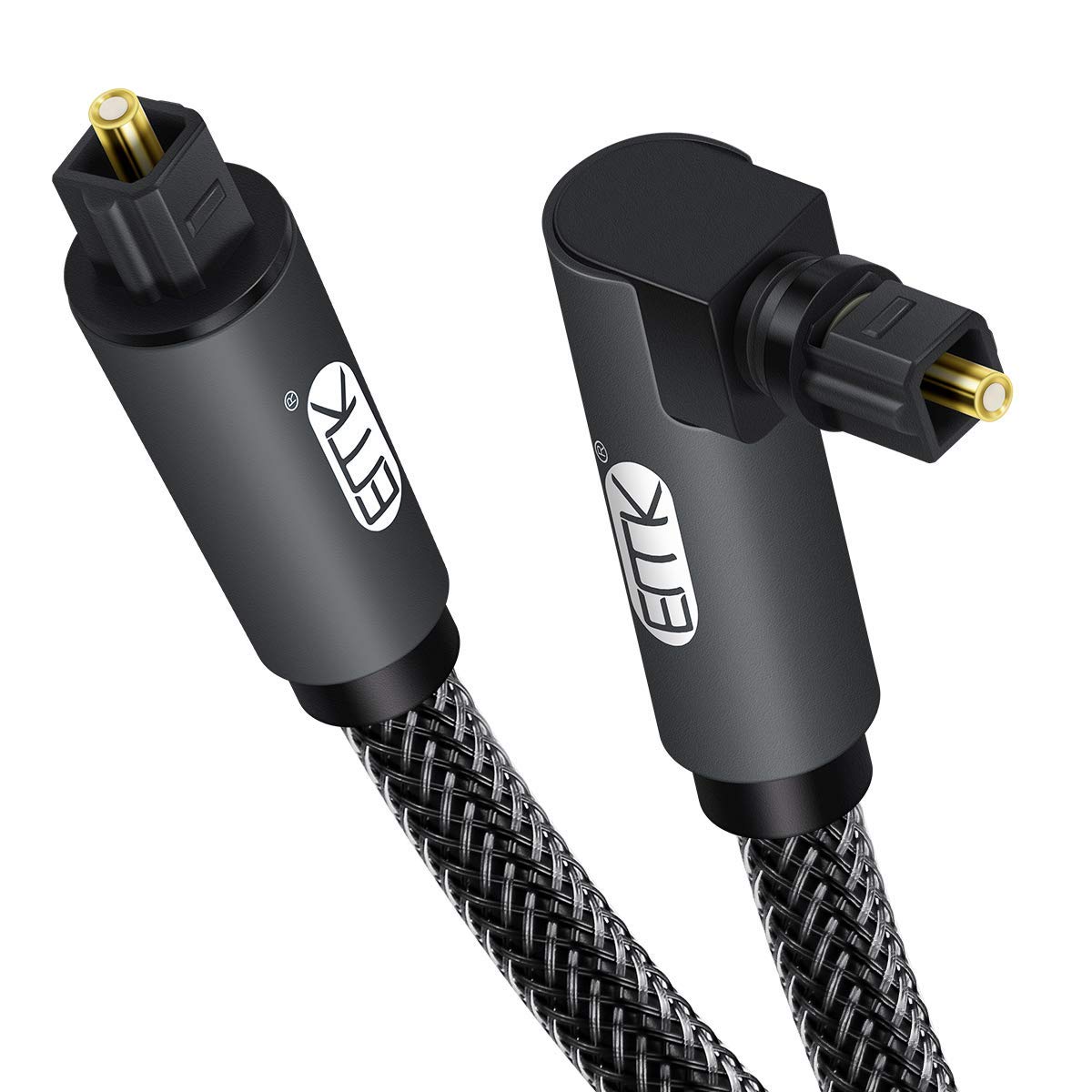 EMK 90 Degree Toslink Optical Cable 360 Degree Free-Rotating Plug Fiber Optic Cable S/PDIF Toslink Male to Male for Home Theater, Sound Bar, TV, PS4, Xbox,Grey (10ft/3m)