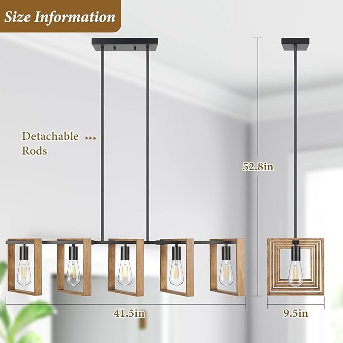 53’’ Farmhouse Kitchen Island Lighting, 5-Light Adjustable Dining Room Light Fixtures, Rustic Wood Chandeliers Black Hanging Light Fixtures for Kitchen, Pool Table Lights, Bulbs Not Included