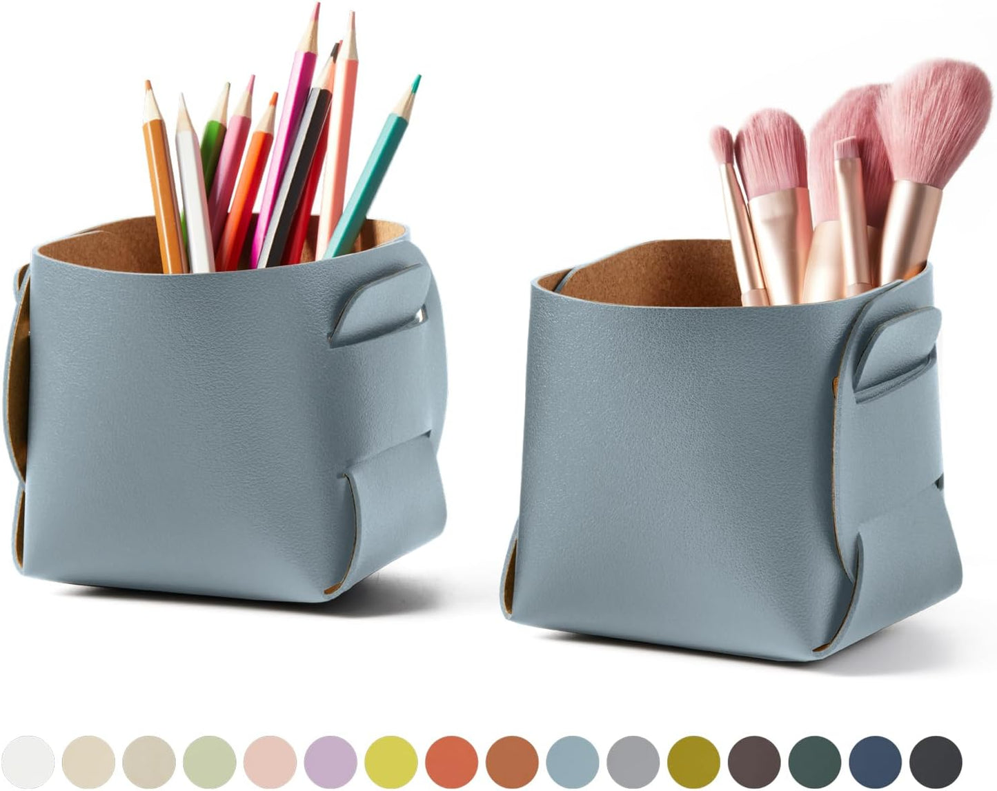 HOMIEAZICOZI 2-Pack Cork Leather Desk Accessories Storage - Pencil Pen Holder - Makeup Brush Holder Organizer - Stylish Addition to Home Decor (Light Blue)