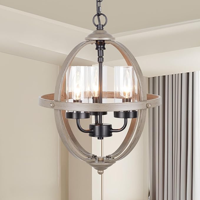 Farmhouse Chandelier, 14" Industrial Rustic Globe Sphere Orb Chandelier Wood Grain, 3-Light for Dining Room Entryway Kitchen Island Foyer