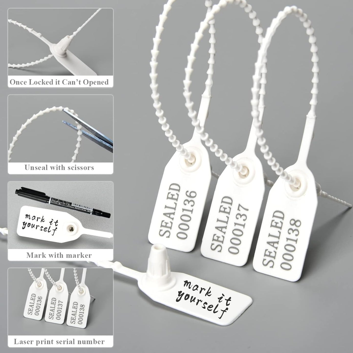 Plastic Tamper Seals, Zip Ties for Fire Extinguishers Pull Tite Security Tags Numbered Disposable Self-Locking Tie 250mm Length (100 PCS, White)