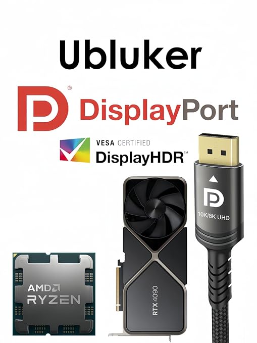 10K 8K DisplayPort 2.1 Cable 54Gbps 16.4 FT, Certified DP to DP Cord 4K 240Hz 165Hz 144Hz 120Hz 10K 8K 120Hz Nylon Braided UHBR HDCP2.3 FreeSync G-Sync RTX5090 Gaming Monitor PC Projector