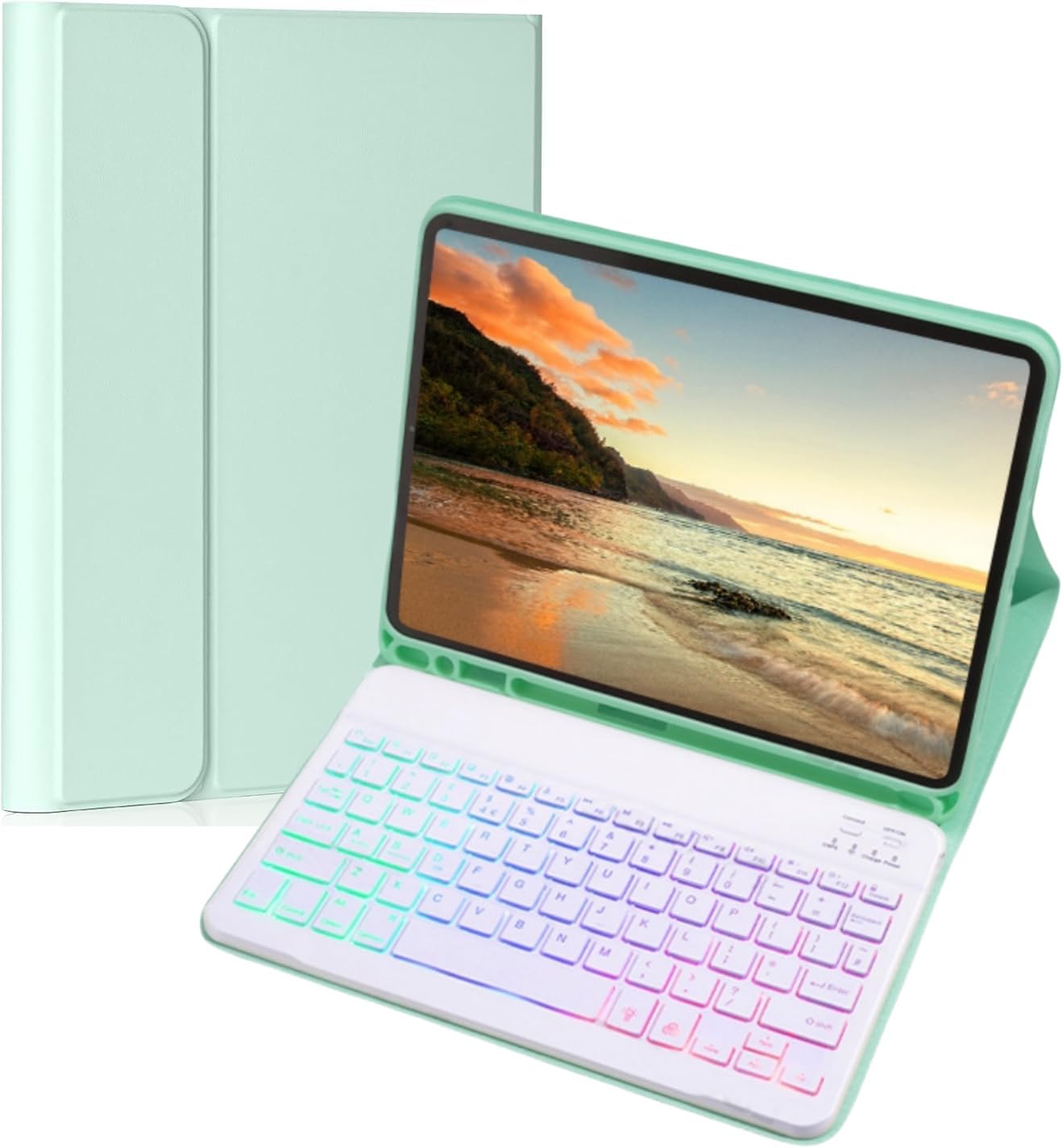 Keyboard Case for Galaxy Tab S10 Plus/S9 Plus/S9 FE Plus/S8 Plus/S7 Plus/S7 FE 12.4 Inch, 7 Color Rainbow Backlight Detachable Magnetic Keyboard Cover with S Pen Holder,Mint Green