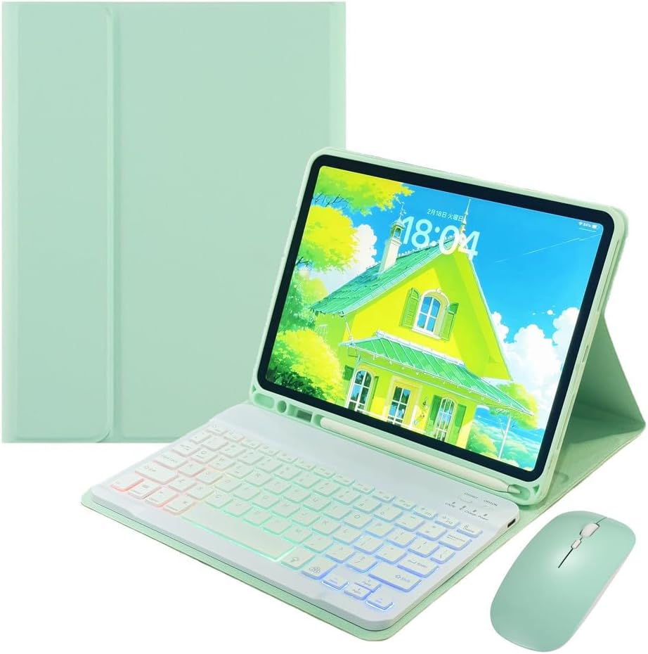 Rainbow Backlit Keyboard Case for iPad Pro 11 inch (4th/3rd/2nd/1st Gen) with Mouse and 7 Colors RGB Colorful Backlight Detachable Bluetooth Keyboard Cover,Mint Green