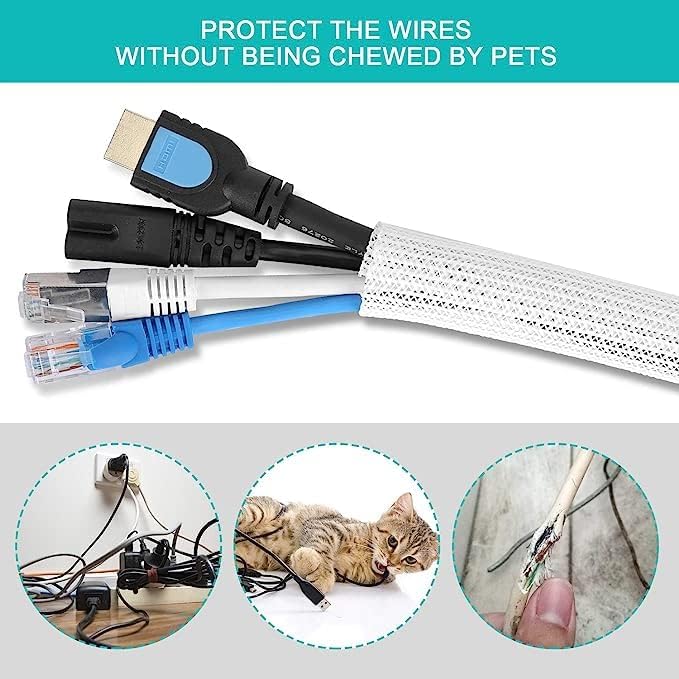 20ft - 1 inch White Cable Sleeve, Cable Organizer for Desk PC TV Computer, Wire Protector Cable Wrap Cover, Cord Management for Home Office