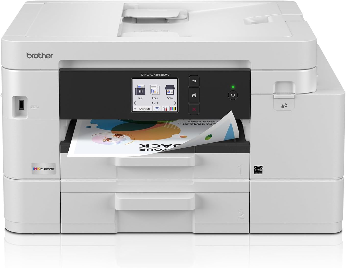 Brother INKvestment 4555 Wireless Color Inkjet All-in-One Printer with 2.7” Color Touchscreen and 2 Paper Trays | Includes Refresh Subscription Trial(1) (MFC-J4555DW)