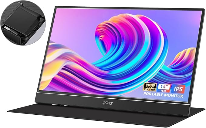 G-STORY Portable Monitor 14 Inch FHD 1080P IPS USB-C,USB-A Laptop Monitor with Adjustable and Hidden Cable Design，Extender Display with Smart Cover for Laptop PC MAC Perfect for Travel