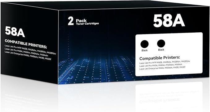 58A Toner CF258A Toner Cartridge Black Compatible with HP 58A 58X CF258A CF258X CF258 Ink Cartridge with Chip for Laserjet MFP M428fdw M428dw M428fdn Pro M404n M404dn M404dw M404 Printer(2 Pack)