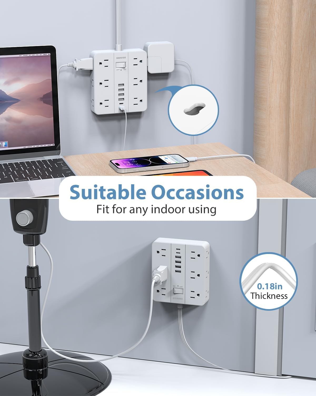 Power Strip Surge Protector 20ft Extension Cord,SMNICE Flat Plug with 12 Outlets 6 USB(2 USB C),Surge Protector Charging Station with Overload Protection for Home, Dorm,Office