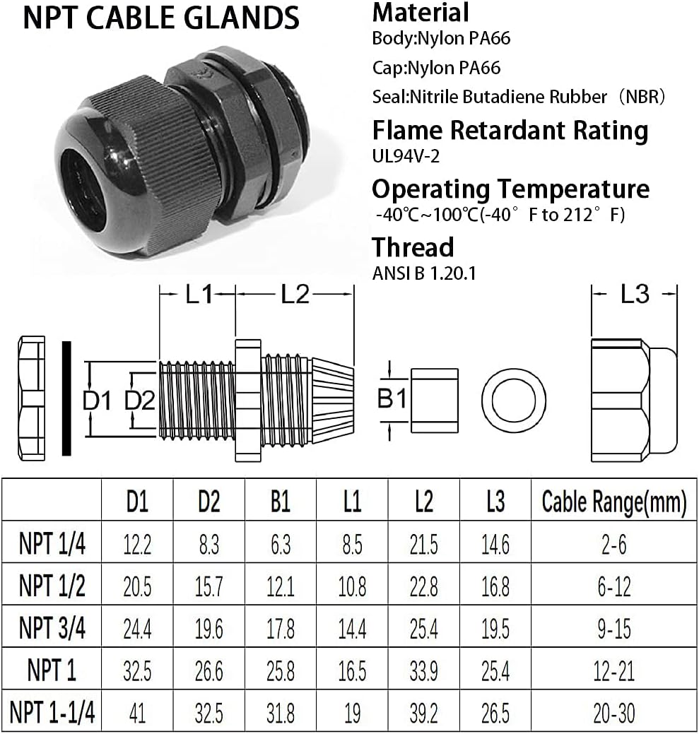 PENGLIN Cable Glands 1" NPT Nylon Cable Connector, Strain Relief Cord Connector, IP68 Waterproof Adjustable Locknut(1 Inch (8-Pack))