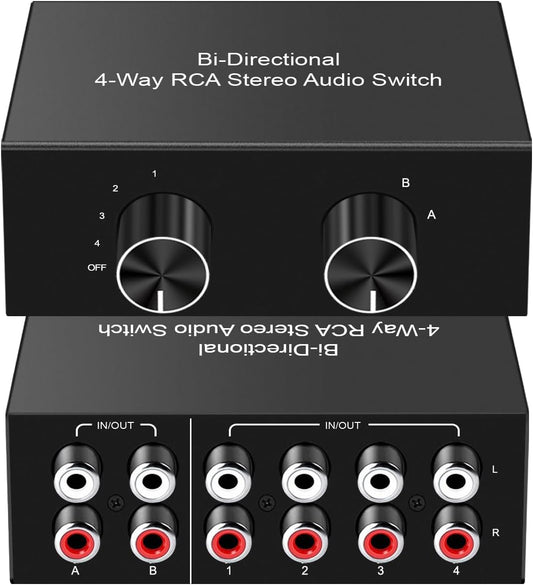 Y.D.F 4-Way Bi-Directional RCA Switch, HiFi AV L/R Sound Channel 2 in 4 Out or 4 in 2 Out, L/R Sound Channel Audio Switcher Splitter RCA Stereo Selector for DVD Stereo Speaker CD Player