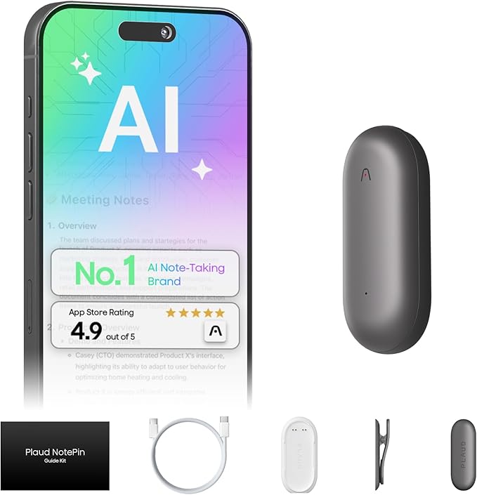 Plaud NotePin Voice Recorder, AI Voice Recorder, App Control, AI Notetaker, AI Transcribe & Summarize, Support 112 Languages, 64GB Memory, Audio Recorder for Lectures, Meetings, Cosmic Gray