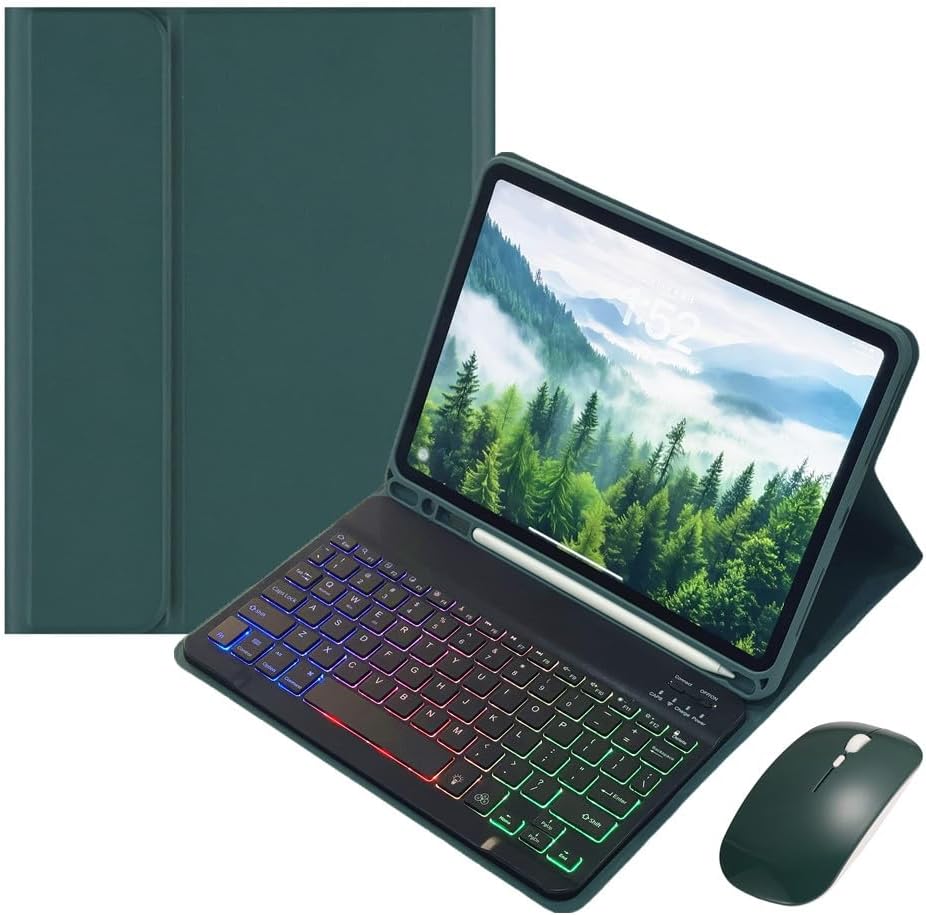 Rainbow Backlit Keyboard Case for iPad 9th / 8th / 7th Generation 10.2"/iPad Pro 10.5"/iPad Air 3rd Gen with Mouse and Backlight Detachable Bluetooth Keyboard Cover,Dark Green+Black