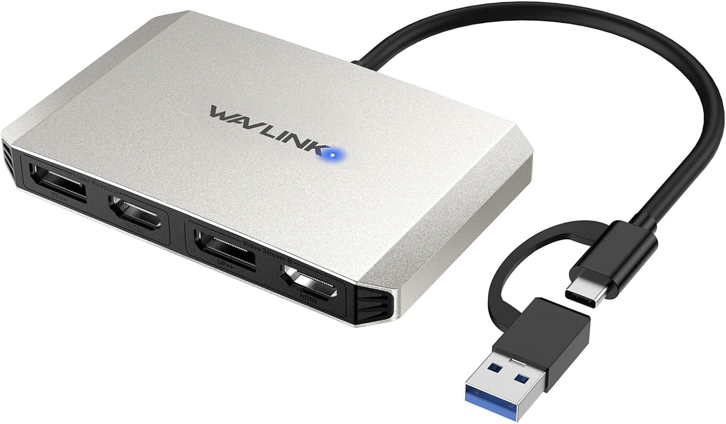 WAVLINK USB C and USB 3.0 to Dual 4K DisplayPort/HDMI Adapter, Displaylink Monitor Splitter Extended Display for Dual Monitor 4K@60Hz, HDMI/DP Splitter Compatible with Mac M1-M4,Window Laptop-Silver