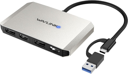 WAVLINK USB C and USB 3.0 to Dual 4K DisplayPort/HDMI Adapter, Displaylink Monitor Splitter Extended Display for Dual Monitor 4K@60Hz, HDMI/DP Splitter Compatible with Mac M1-M4,Window Laptop-Silver