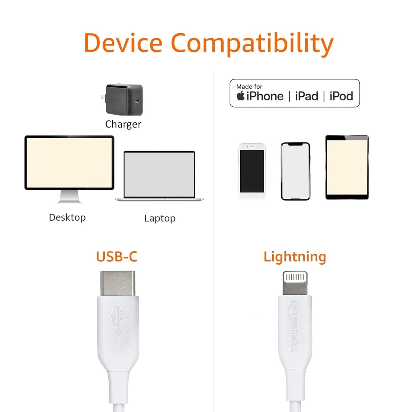 Amazon Basics USB-2.0 Type C to Lightning Cable (MFi Certified), 3 Feet, White