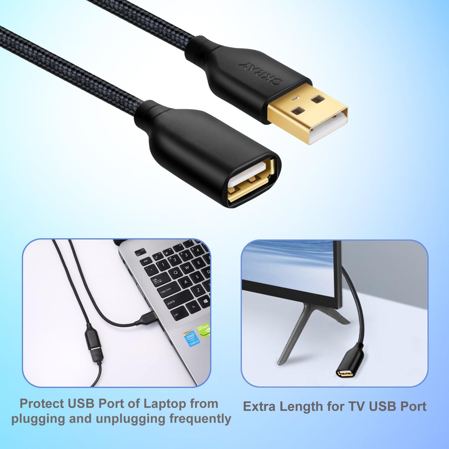 OKRAY USB Extension Cable 10FT, 2-Pack Nylon Braided USB 2.0 Extender Cord Type A Male to A Female Extension Cable with Gold-Plated Connector for USB Flash Drive/Hard Drive, Keyboard, Printer, Webcam