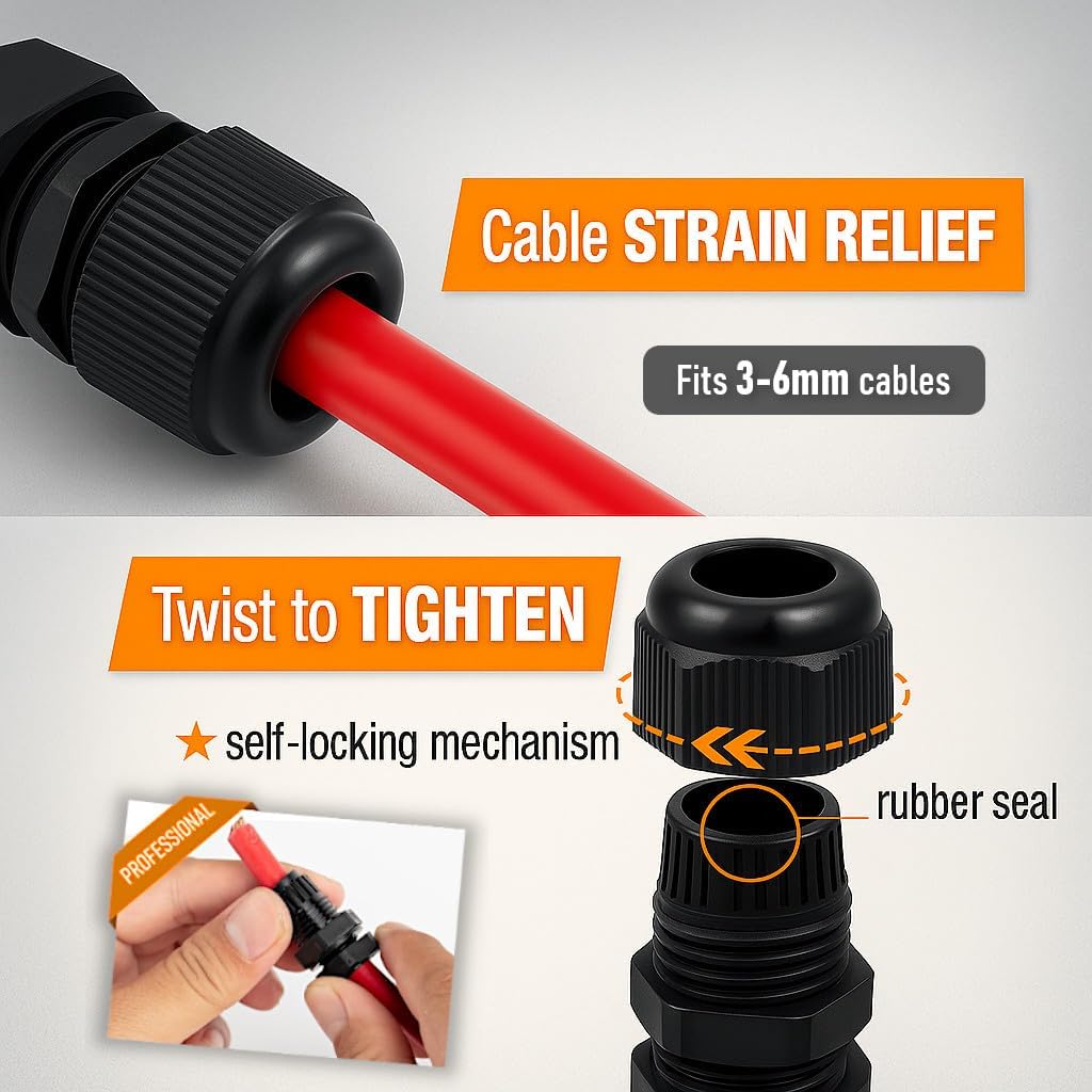 MGI SpeedWare 1/4" NPT Strain Relief Nylon Cord Grip Cable Glands, Black Plastic Grommet 5-Pack