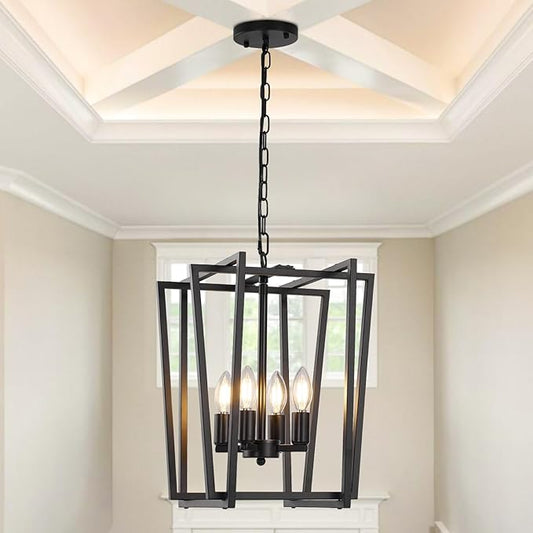 WJShome 4-Light Black Chandelier: A Must-Have Farmhouse Dining Room Light Fixture! Enjoy Modern Ceiling Lantern Pendant Style with Adjustable Height for Kitchen Island & Entryway