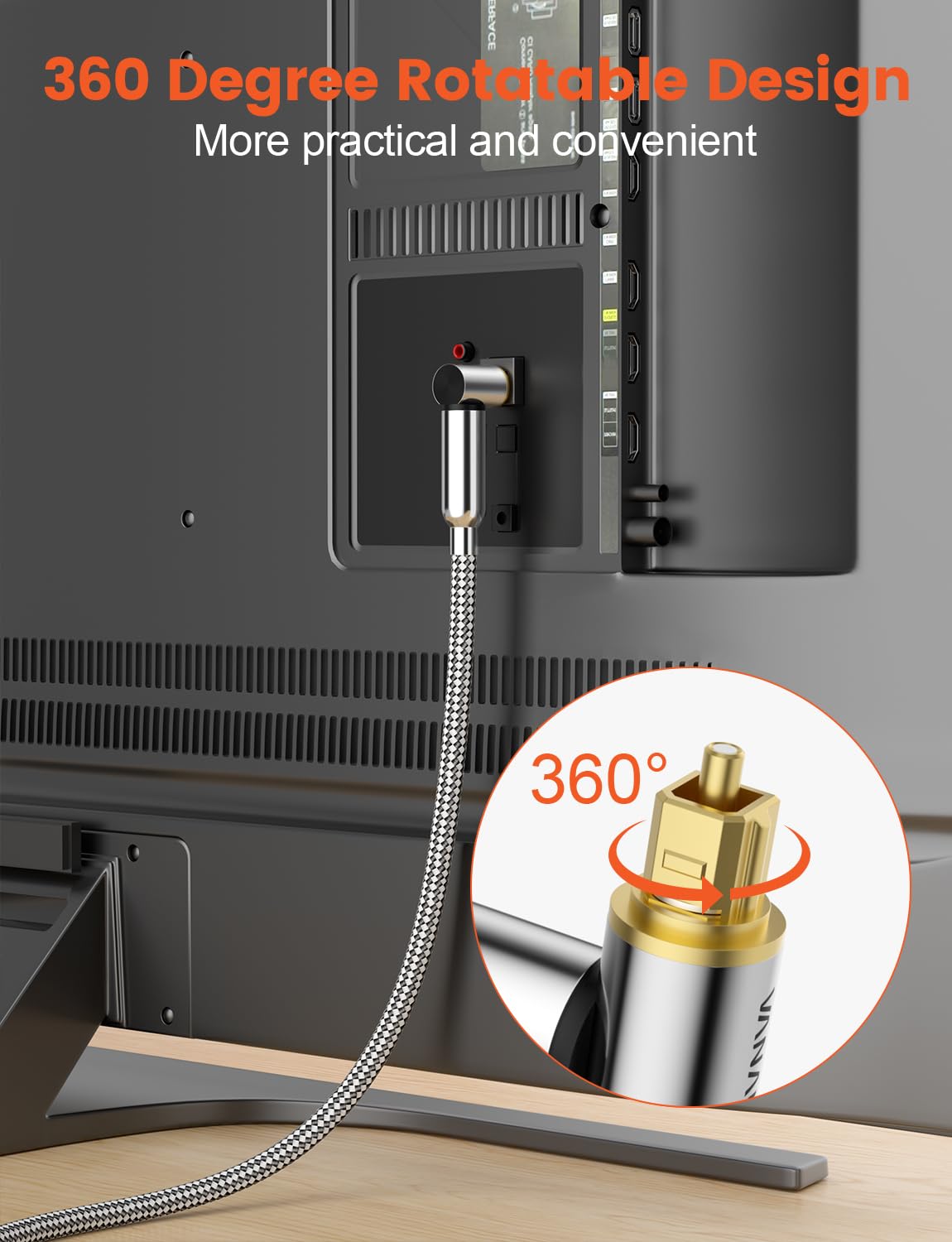 VANAUX 90-Degree Optical Audio Cable 3FT,Premium Fiber Optic Toslink Cable(24K Gold-Plated Connectors,Aluminum Alloy Shell,Braided Jacket)Ideal for Tight Spaces,Home Theater,Soundbars,Gaming Consoles