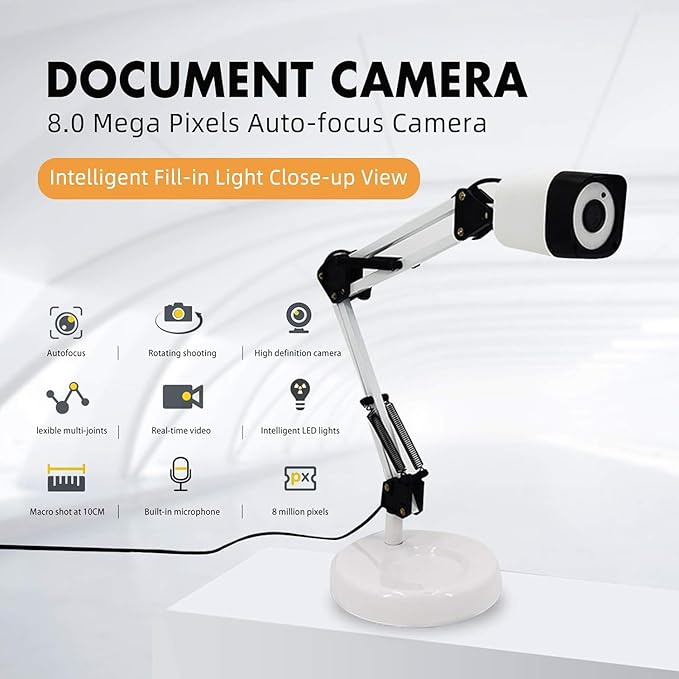 Document Camera for Teachers, 8mp with Auto-Focus and LED Supplemental Light, Excellent for Distance Education and Web Conferencing