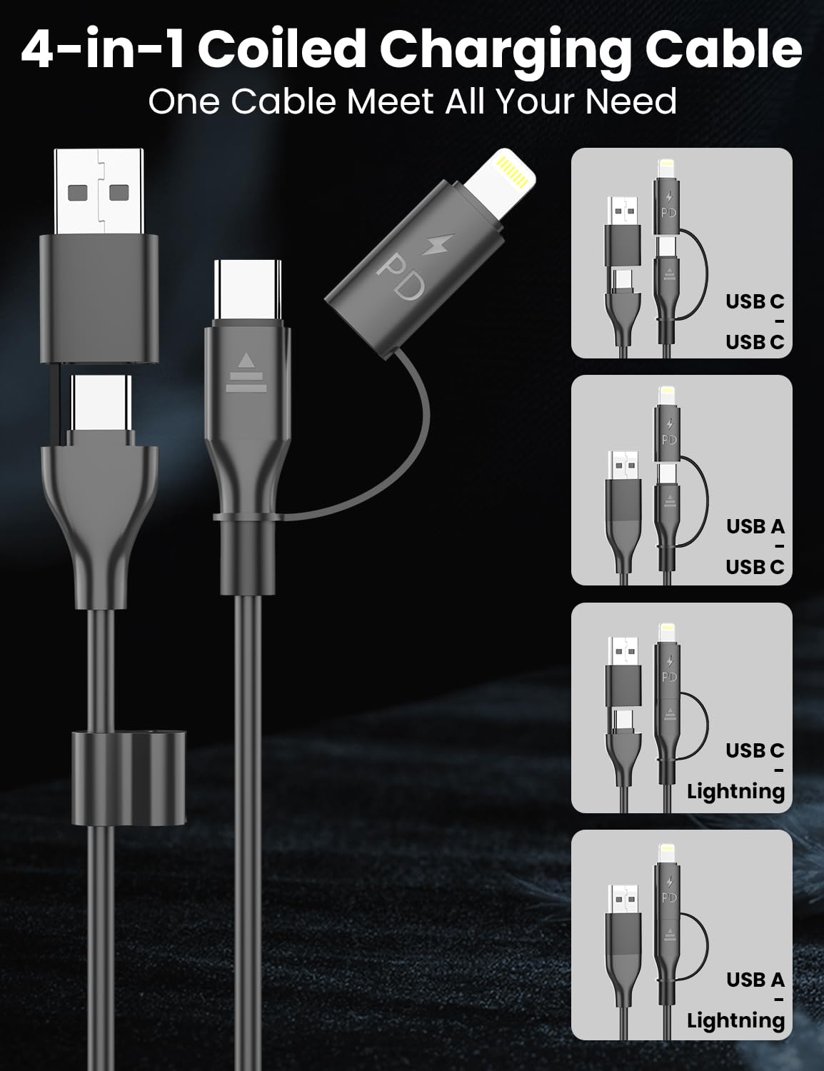Coiled USB-C and Lightning Cable 2-in-1, 3FT iPhone 17 16 Car Charger Cord, 60W Fast Charging Cable for iPhone 15, Samsung Galaxy Supports Apple CarPlay & Android Auto (Black)