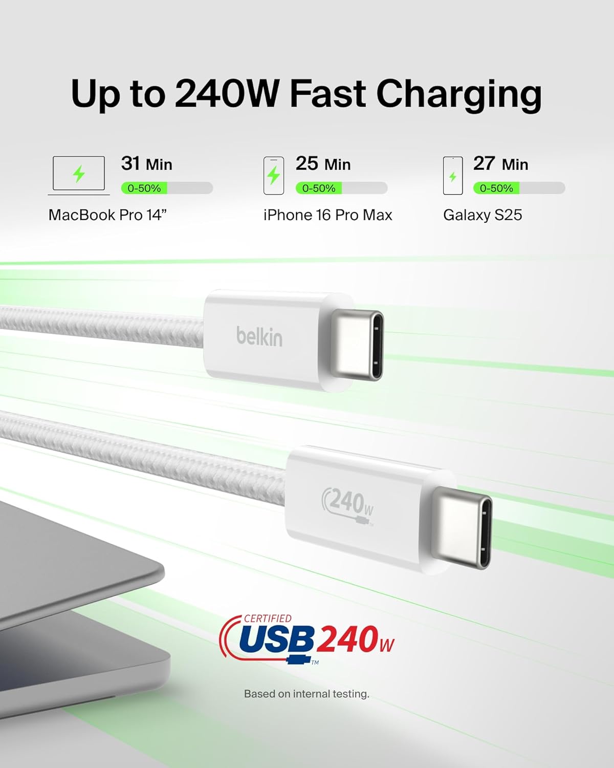 Belkin USB C to USB C Cable, 6.6ft, 240W - Type C Charger, iPhone Charger Cord, Soft, Braided, Flexible for iPhone 17, Galaxy S25, Pixel 10, MacBook, Chromebook, iPad Pro, Switch Steam Deck – White