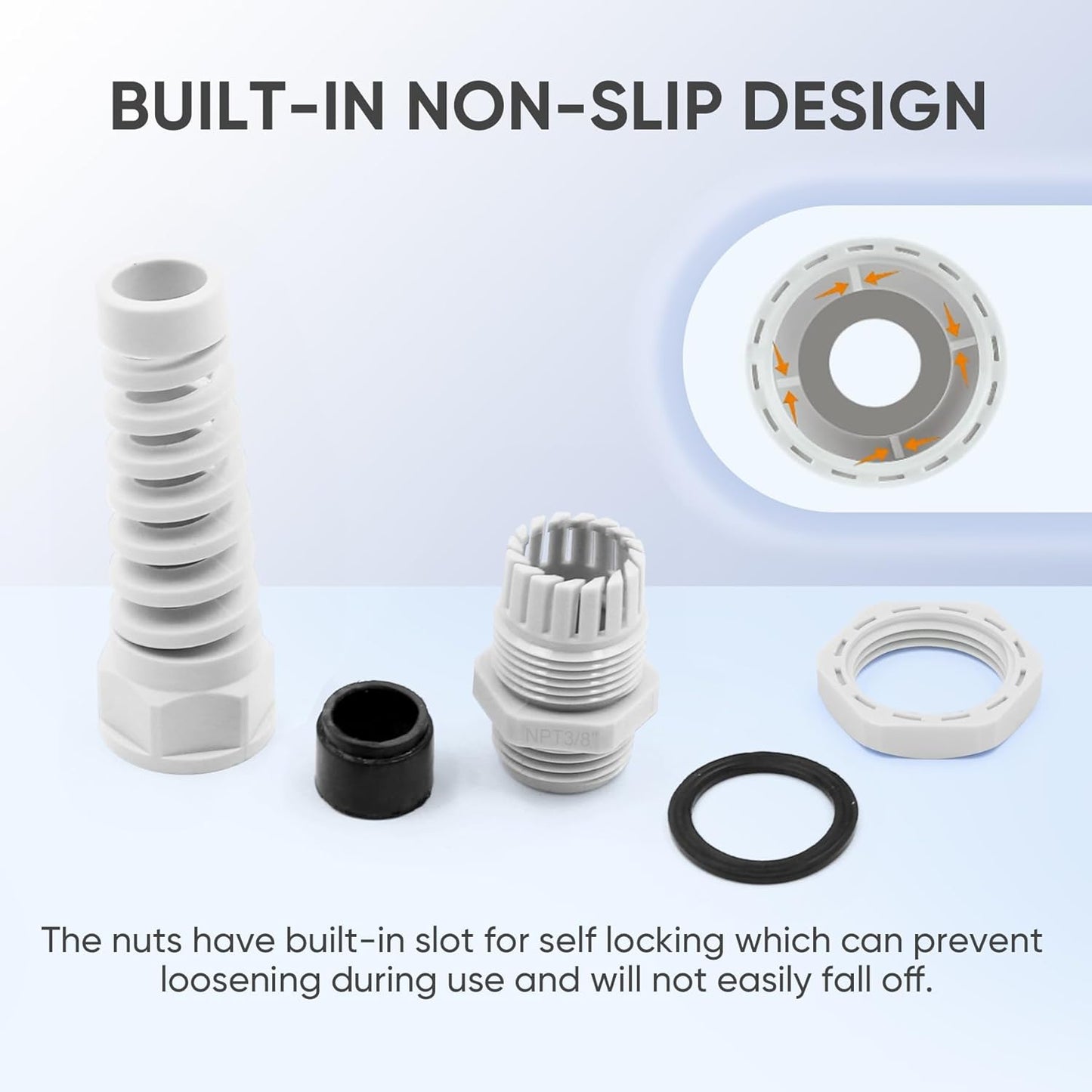 Strain Relief Cord Connector,LISTENJIALE 2Pcs NPT 3/8" Waterproof Cable Gland Flex Spiral Strain Relief Adjustable 5-10mm Cable Connector Nylon Joint with Gaskets(Grey)