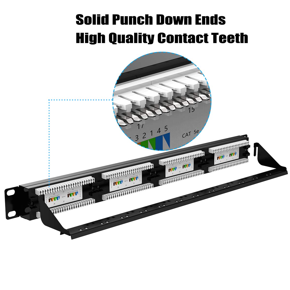 AMPCOM Premium Series CAT5/5e 24 Ports Patch Panel, Rack Mount - 1U, 19 inch, RJ45 Ethernet 568A 568B, 15u Gold Plated, with Rear Cable Support Bar