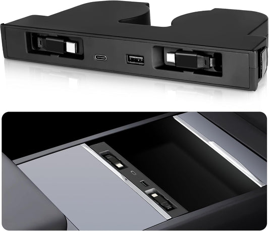 USB Hub for Tesla Model Y Juniper 2025 2026 Model 3 Highland 2024 2025 with Sunken Design, 117W Dual Type-C Retractable Cables 4 in 1 Multi Port Fast Charger Docking Station fit Center Console