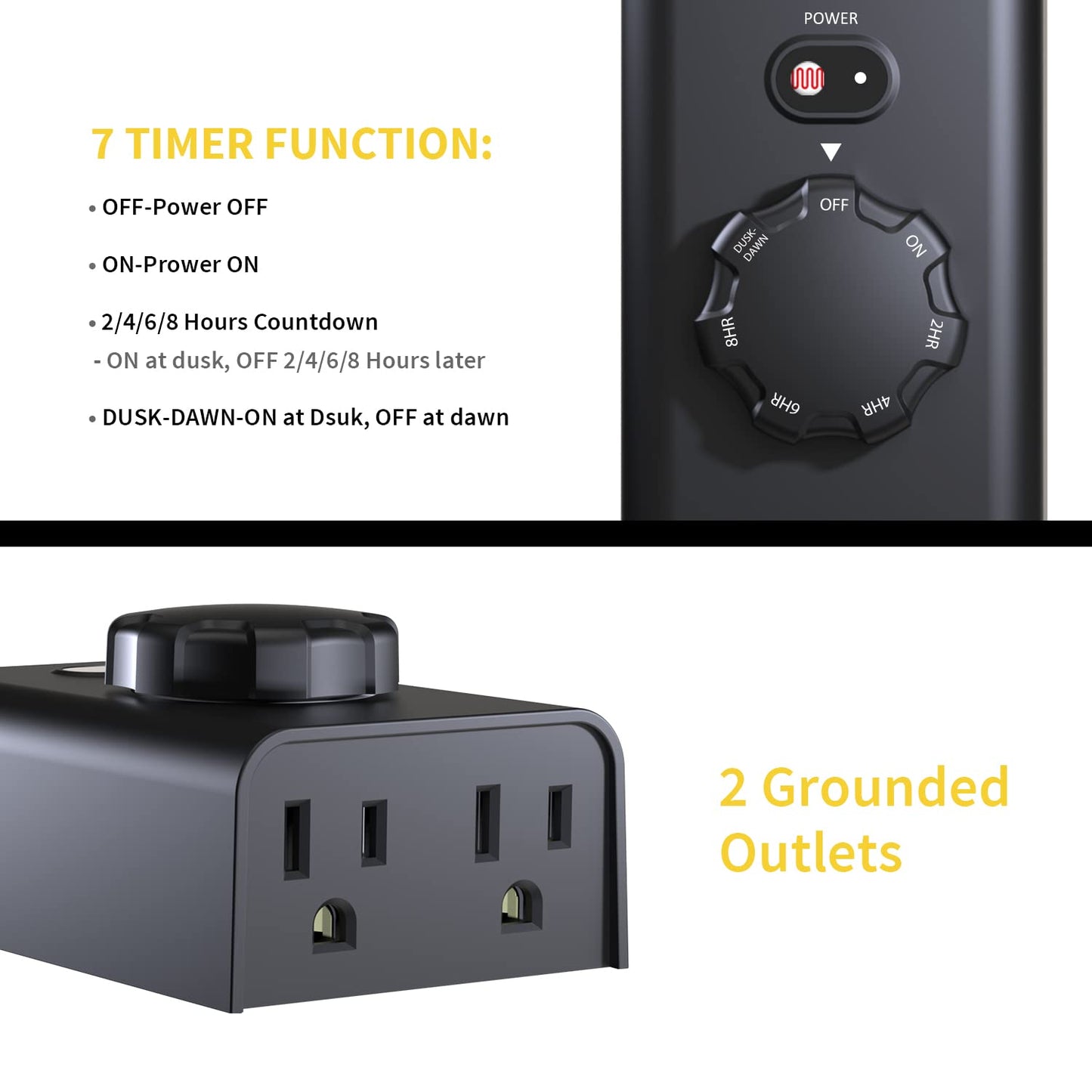 Minoston Outdoor Timer for Lights 2 Pack, Dusk Dawn Outdoor Timer Outlet 2, 4, 6, 8 Hour with 2 Grounded Outlets, Outdoor Light Timer Weatherproof for Halloween Christmas Light, ETL Listed, (MP41T)