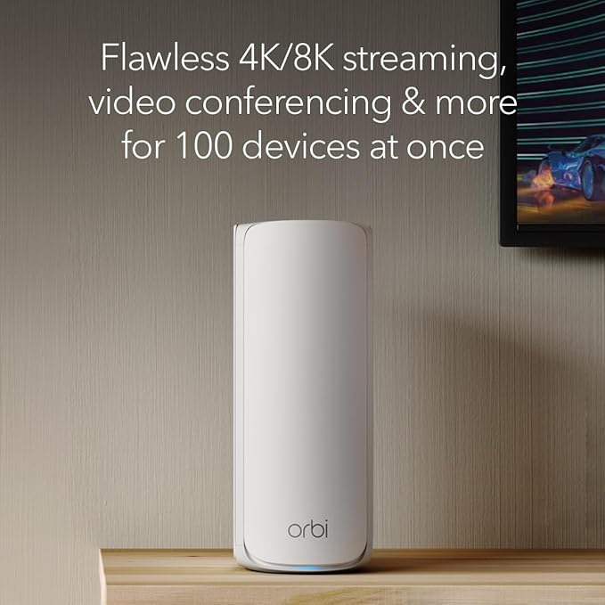 NETGEAR Orbi 770 Series Tri-Band WiFi 7 Mesh Network System (RBE772) - Router + 1 Satellite Extender, Security Features, Up to 11Gbps, Covers up to 5,500 sq.ft., 100 Devices, 2.5 Gig Internet Port