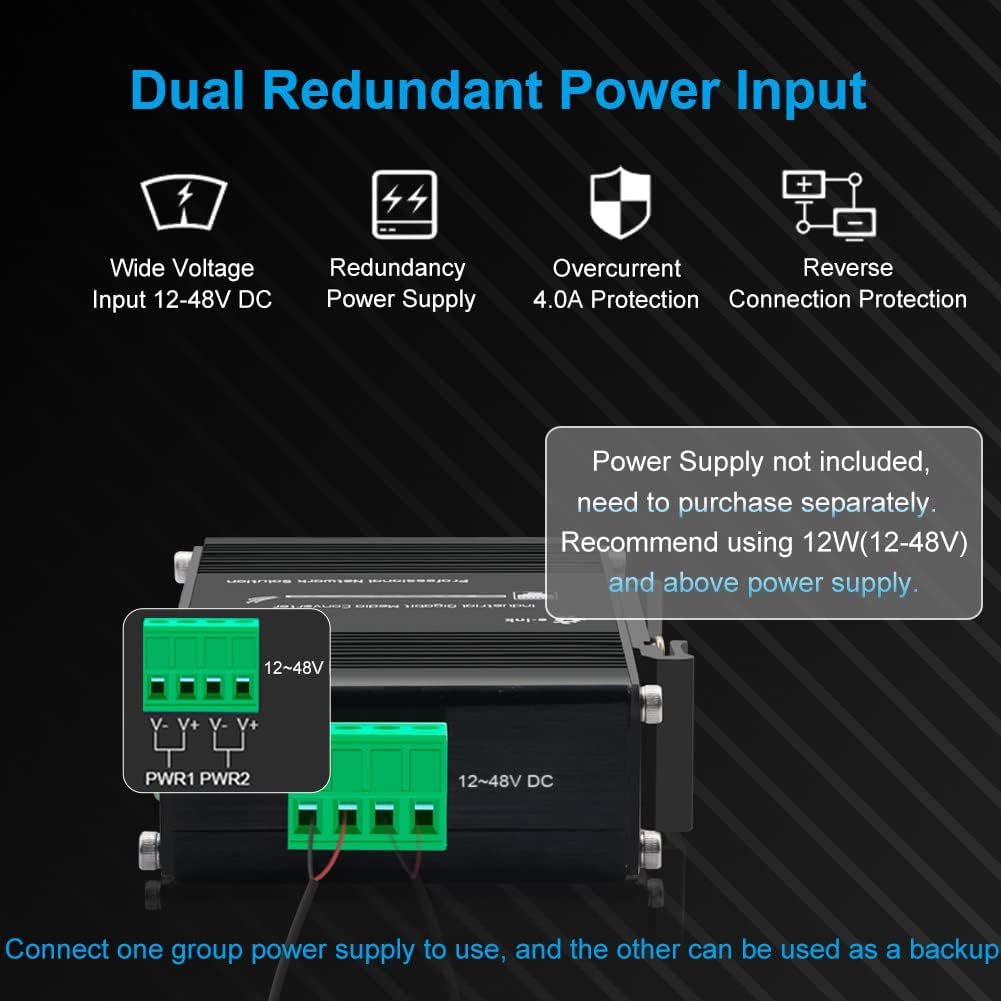 Industrial Gigabit 4-Port Ethernet Switch - Hardened 10/100/1000Mbps Fiber with 100/1000M Adaptive SFP Slot, Din Rail/Wall Mount, Unmanaged Network, 12-48V DC, 5-Port