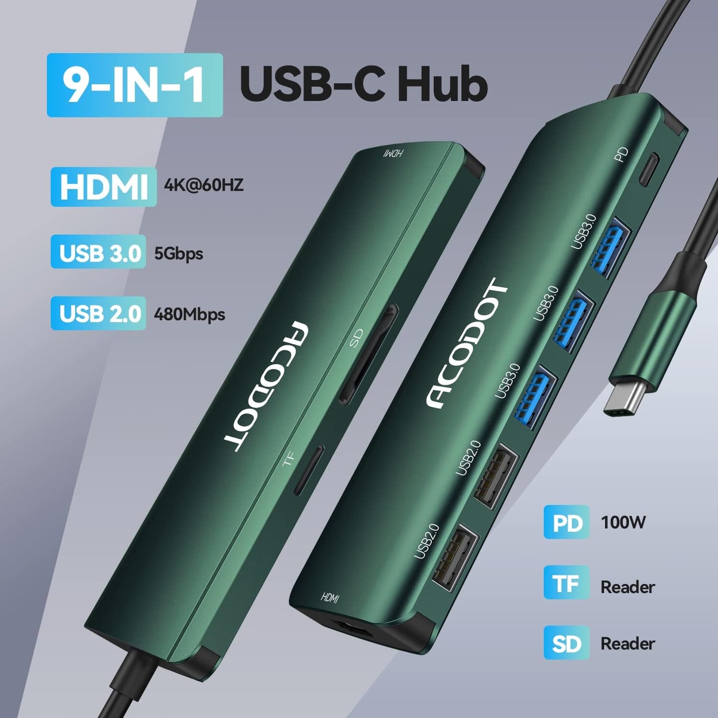 Acodot 9 in 1 USB C Hub - 4K@60Hz HDMI Adapter, 3 USB 3.0 Ports, SD/TF Card Reader, 100W PD, Multiport Adapter for MacBook Pro, Air, HP, XPS, Green