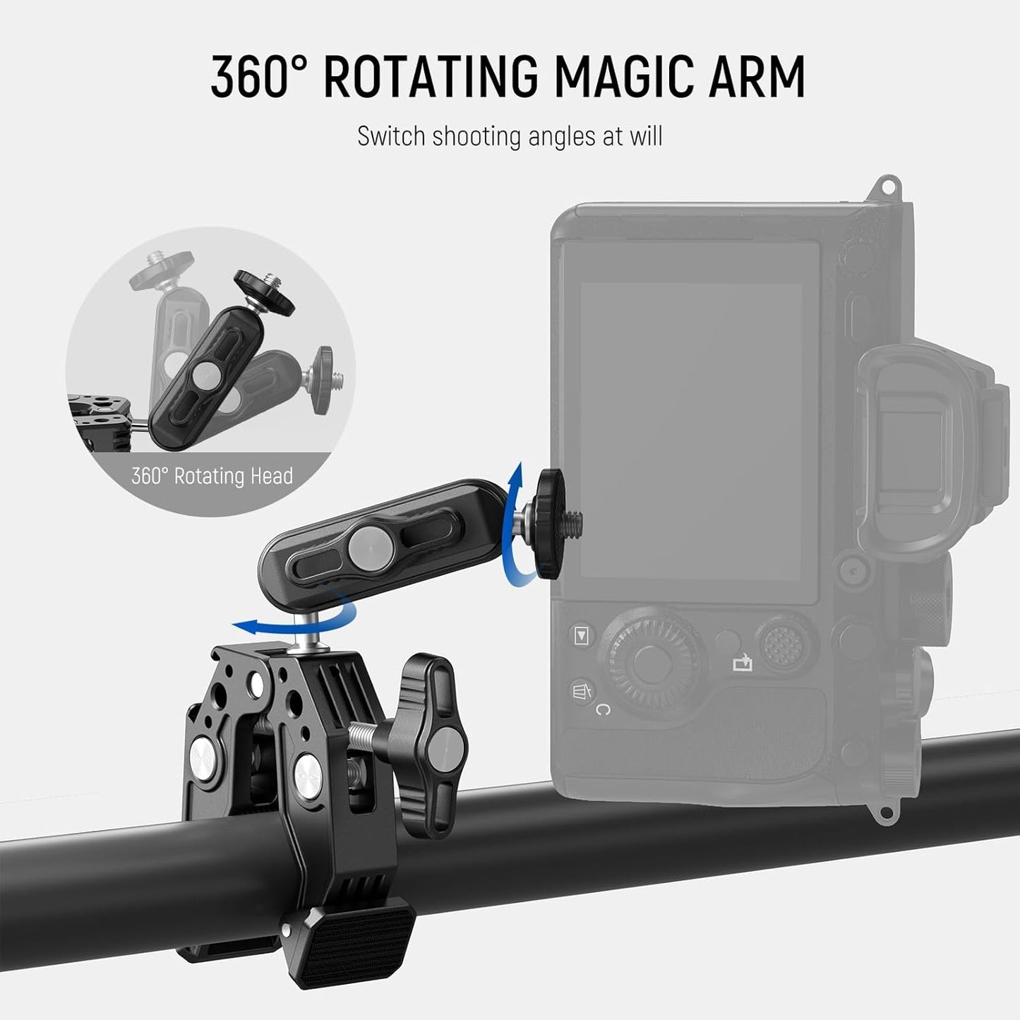 NEEWER Super Clamp Magic Arm Camera Mount with Phone Holder Action Cam Adapter Ball Heads 1/4" Threads Cold Shoe Cleaning Cloth Compatible with SmallRig GoPro for Desk Tripod Crossbar Gimbal Rod, ST83
