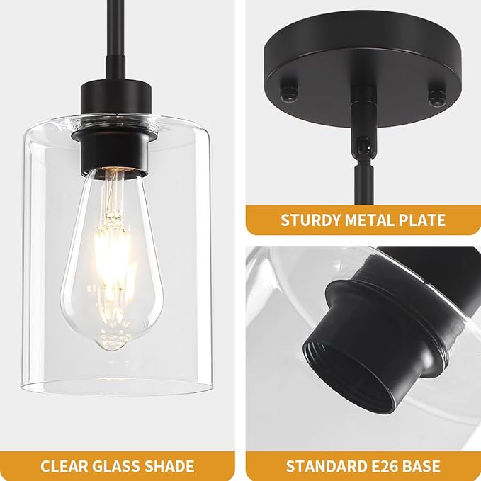 Glass Pendant Lights Kitchen Island 2 Pack, Modern Pendant Lighting Over Island Black Farmhouse Kitchen Hanging Light Fixtures Adjustable Mini Chandeliers for Hallway Entryway Bedroom Dining Room