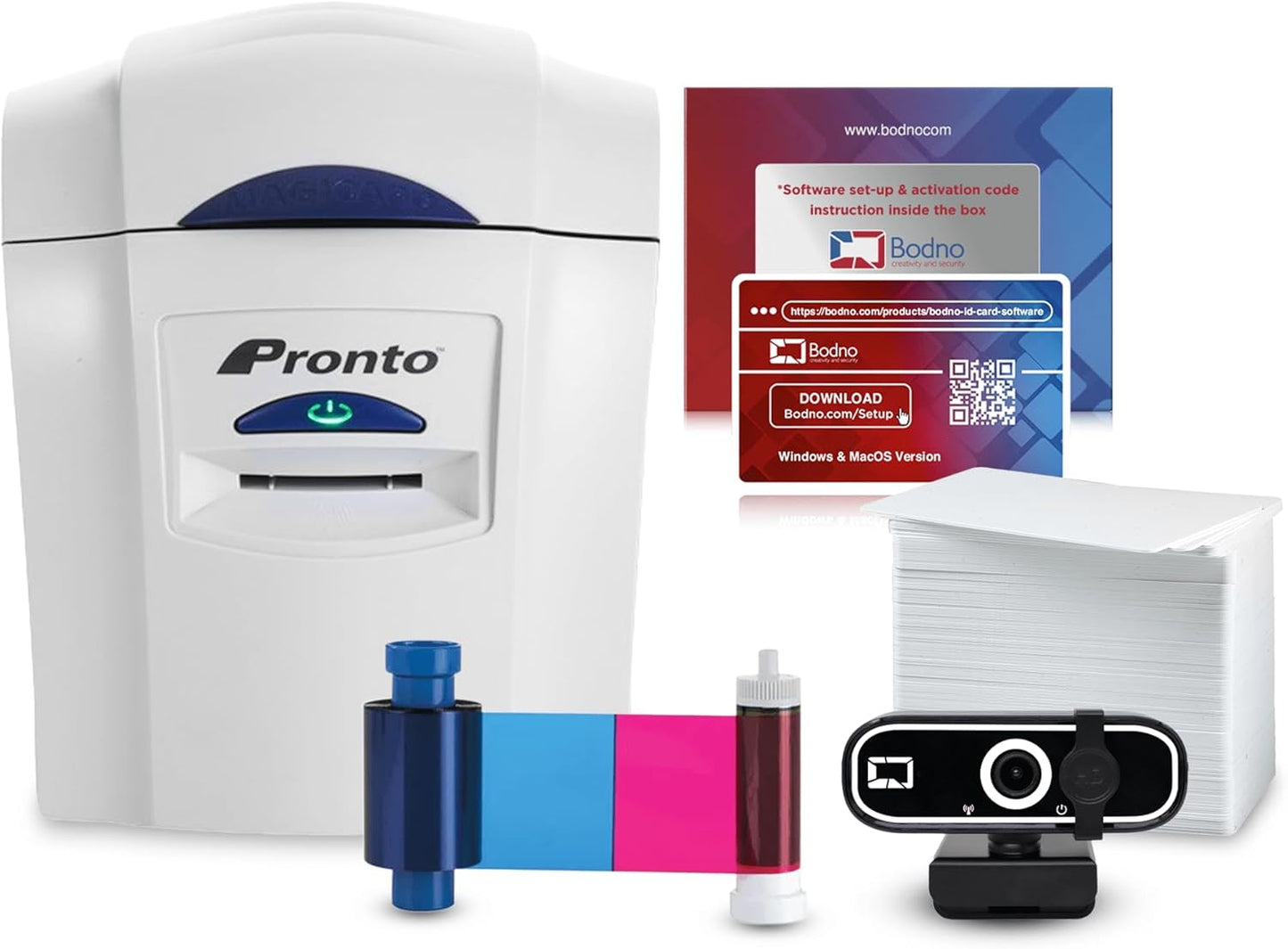 Bodno Magicard Pronto ID Card Printer & Super Supplies Package ID Software, Camera, 300 Cards and 300 Print Ribbon - Silver Edition