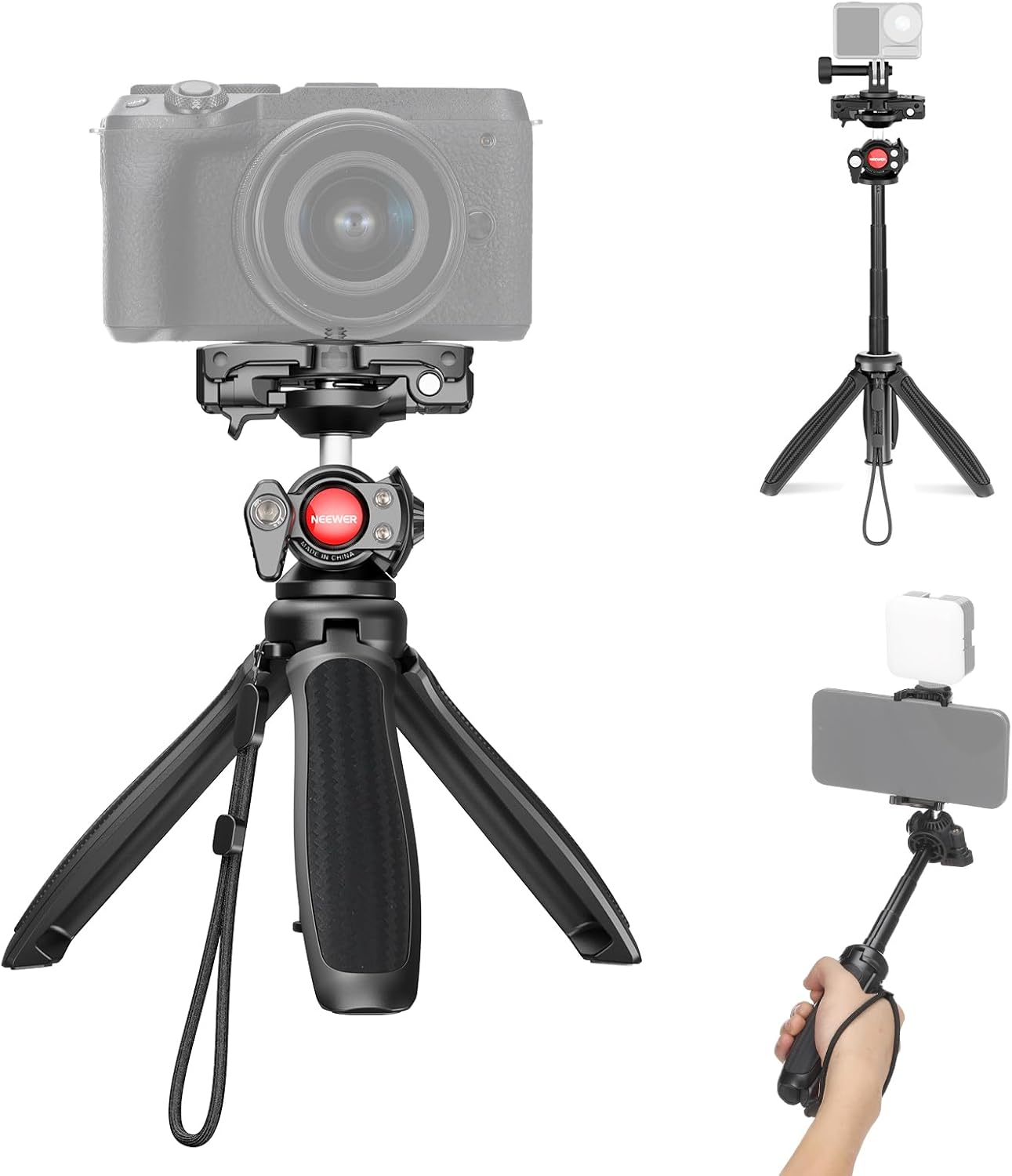 NEEWER TP38 Phone Camera Tripod, 15" Extendable Selfie Stick Metal Stand with Phone Holder, Action Camera Adapter Compatible with Hero 12 11 10 9, 360° Ball Head Travel Tripod for Vlogging